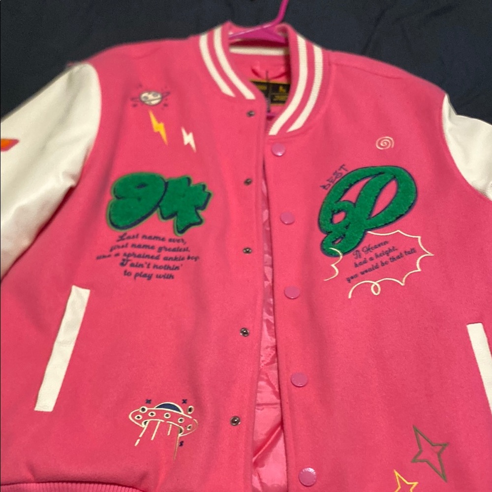 Pink Varsity Jacket with Green Accents